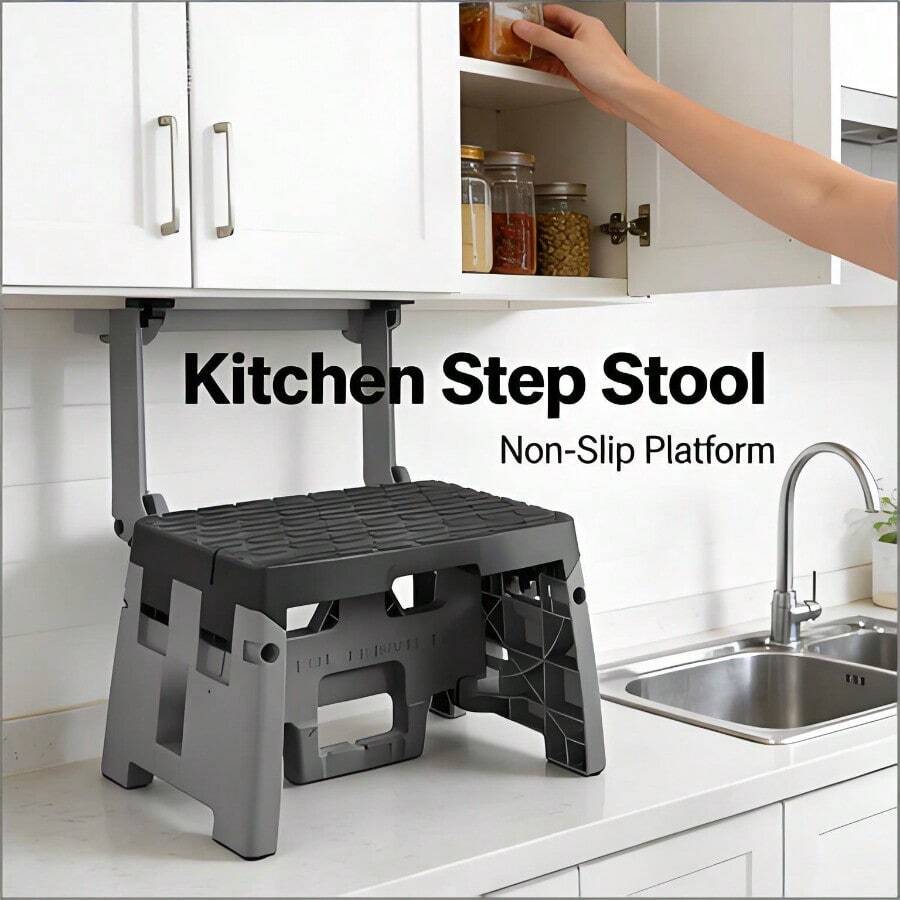 Type 1A 1-Step Plastic Step Stool – Black & Gray Folding For Kitchen, Bathroom & Office | Step Stool Solution - Default - View 1
