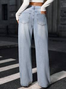 Light Blue Rhinestone Embellished Wide Leg Jeans, Stylish And Straight Leg Pants For Women - Light Wash - View 2
