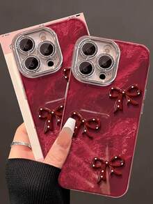 1 Pc Red Three-Dimensional Bowknot Tinfoil Grain Fine Hole Camera Following, Lovely Advanced Sense Of Fashion And Personalized From The Silicone Protective Shell, Compatible With IPhone17 Compatible With IPhone17promax/Compatible With IPhone16 Pro Max/Compatible With IPhone15 Pro/Compatible With IPhone14 Compatible With IPhone13/12/11, Suitable For Family/Friends/Sister/Girlfriend On Valentine's Day Gift/Birthday Gift/Mother's Day Gift - Burgundy - View 2