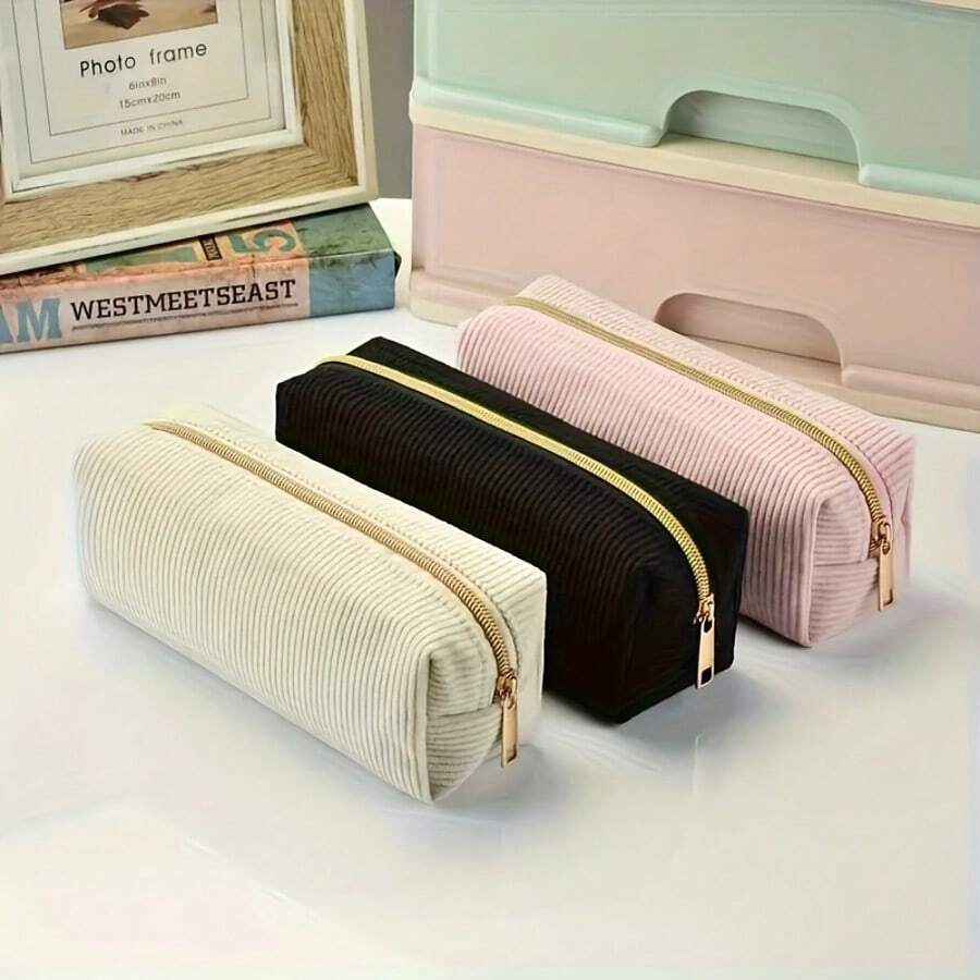 Large Capacity Zipper Pencil Case, Corduroy Material Stationery Organizer Bag, Suitable For Storing School Supplies, Cosmetics, Holiday & Valentine's Day Gifts, Back To School - Multicolor - View 1