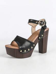 Women's Bold Buckles Studded Wedge Sandal Platform Heeled Summer Fashion Sandals Ankle Strap Shoes - 黑色 - 查看 7