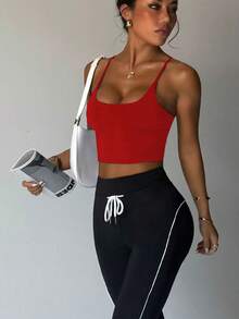 Women's Solid Color Wireless Criss-Cross Strap Fashionable Knit Sports Bra Spring - Red - View 3