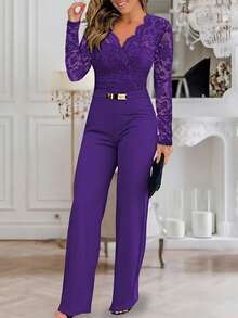 ChicMe 女士金属腰部装饰V领蕾丝拉链后背长袖连体裤，高腰直筒修身款，适合约会和商务场合，春季优雅 - 紫色 - 查看 2