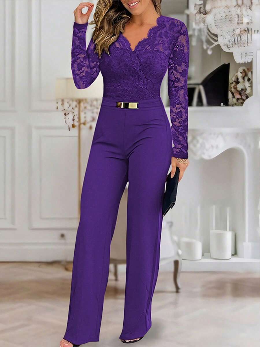 ChicMe 女士金属腰部装饰V领蕾丝拉链后背长袖连体裤，高腰直筒修身款，适合约会和商务场合，春季优雅