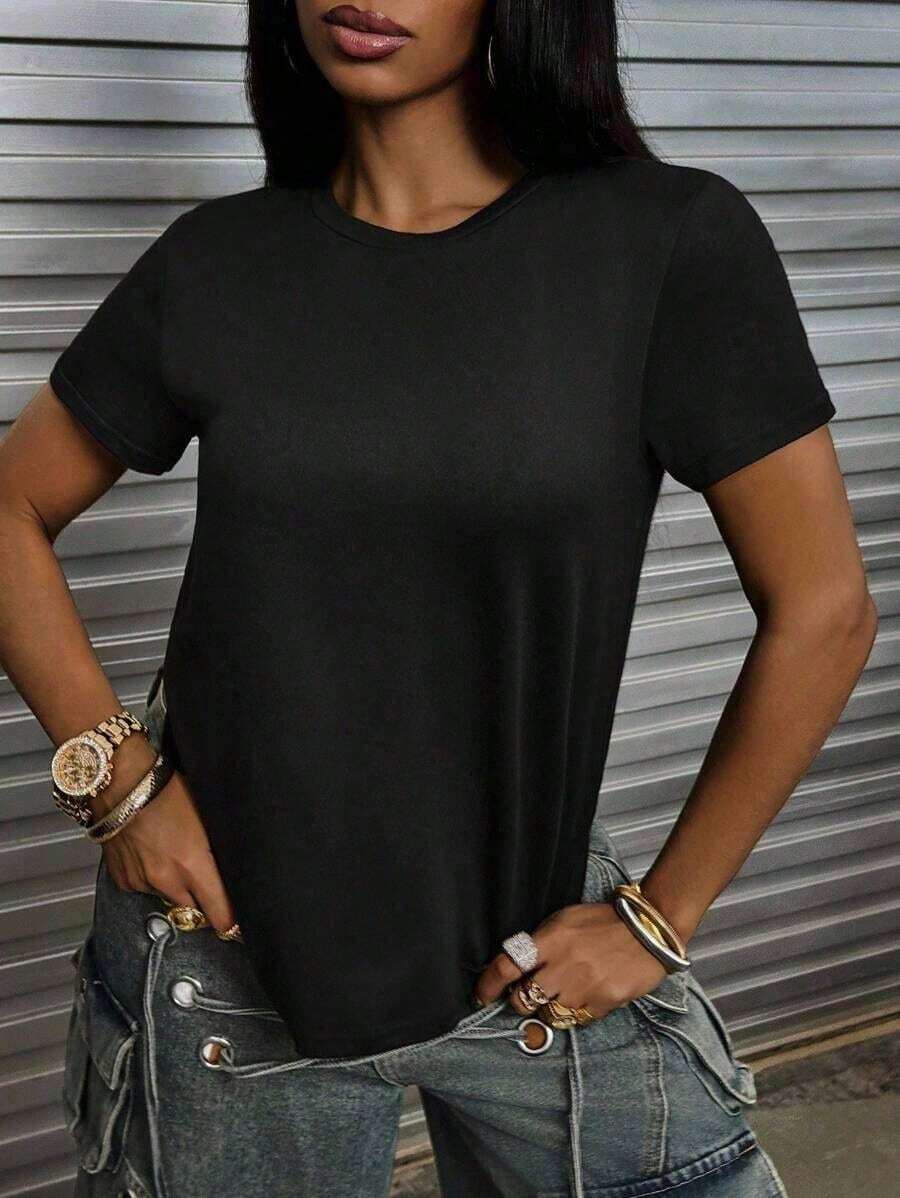Women's Solid Color Simple Crewneck Short-Sleeved Summer T-Shirt, Daily Wear-Unisex Summer Casual Vintage Cotton Printed T-Shirts For Couples - 黑色 - 查看 1