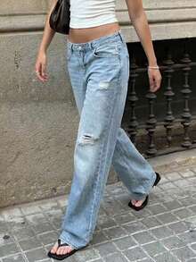 Quần jeans nữ dáng suông, cạp thấp, rộng rãi, phong cách thường ngày, bạc màu, rách nhẹ. - Rửa nhẹ - Xem 5