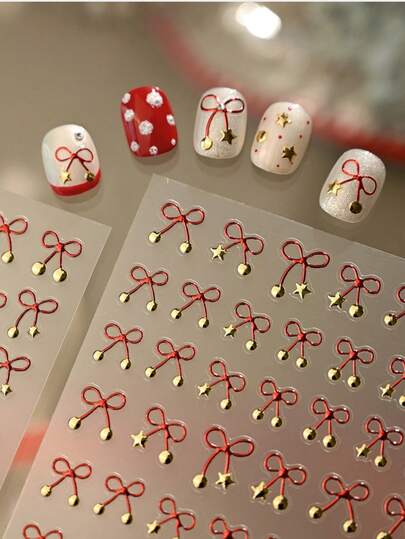 1Pc New Year Red Sweet Dollar-Style Bow-Shaped Star-Shaped Nail Art Sticker Manicure Decal