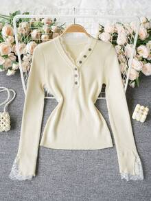 女士优雅V领蕾丝拼接打底毛衣，法式针织上衣，适合秋冬季穿着