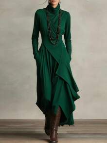 Women's Clothing Autumn And Winter 2026 New Women's Clothing Solid Color Long Sleeve High Neck Exquisite Commuter Travel Dating Cross Irregular Dress - 綠色 - 查看 1