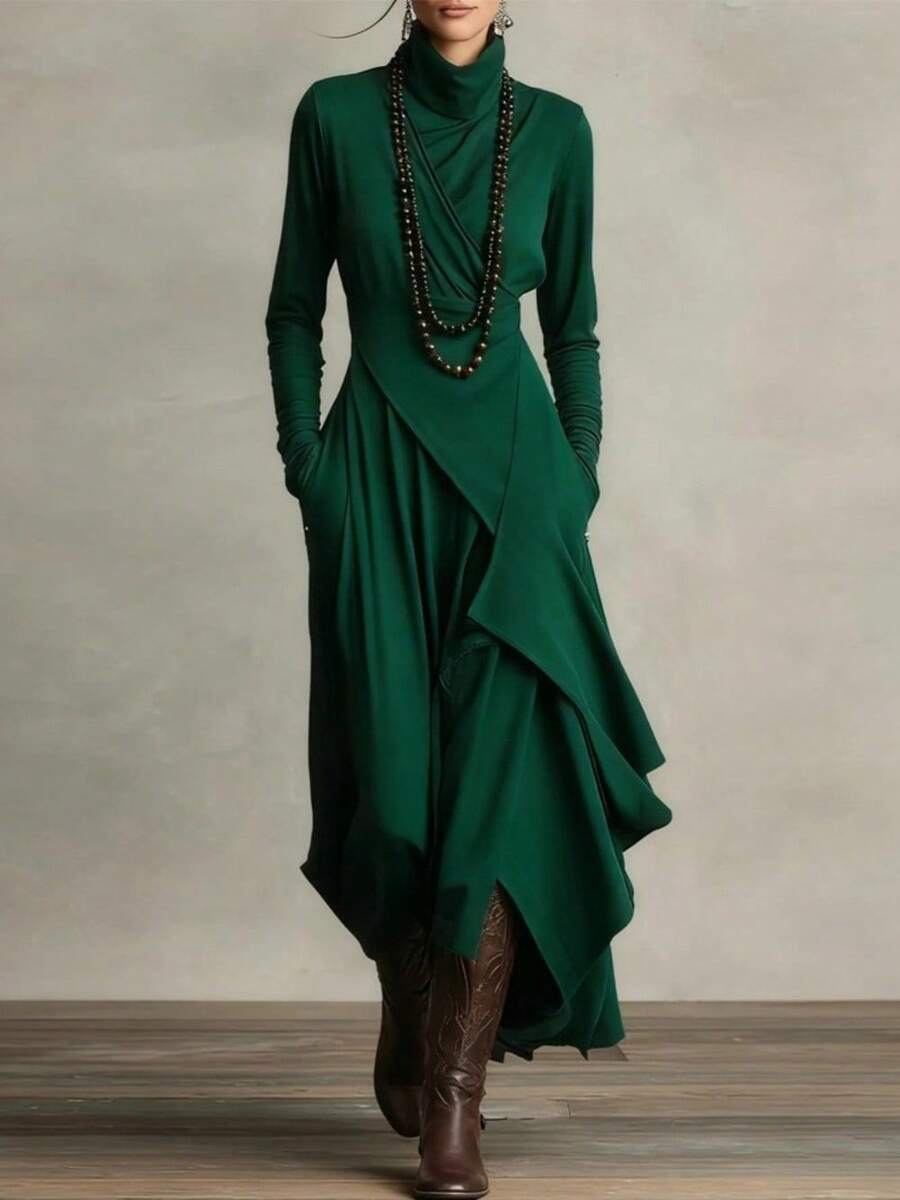 Women's Clothing Autumn And Winter 2026 New Women's Clothing Solid Color Long Sleeve High Neck Exquisite Commuter Travel Dating Cross Irregular Dress - 綠色 - 查看 1