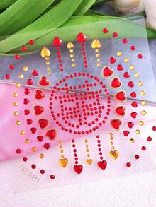 1 Sheet Bold Red & Gold Heart & Circular Rhinestone DIY Face Gems Self-Adhesive Face Jewels For Carnival Parades Latin Parties & Vibrant Makeup Looks Reusable Shiny Face Rhinestones For Women & Festive DIY Beauty Lovers,Rhinestone Face Sticker - Multicolor - View 9