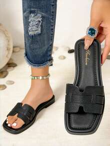 Sandalias planas de mujer de unicolor con punta abierta, sandalias de verano para mujer, nuevas sandalias de playa, elegantes y versátiles pantuflas planas de mujer, cómodas - Negro - Ver 2