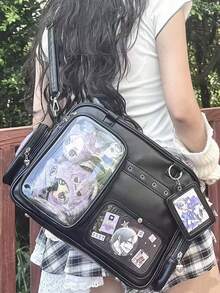 Dedoo 日系新款PU皮革时尚Y2K爱心链条透明徽章包购物休闲简约街头通勤多功能大容量单肩斜挎包，可装杂物，可挂钥匙链，可放明信片（吊坠链/吊环随机发送，不含玩偶/卡片） - 黑色 - 查看 5