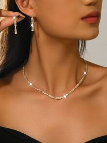 1pc Sparkling Crystal Rectangle Necklace & Earrings Jewelry Set, Copper Material, Suitable For Wedding, Party, Valentine's Day Gift - Gold - View 5