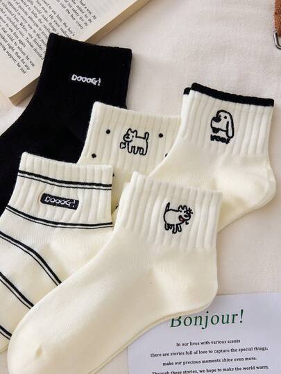 5 Pairs Women's Cute Breathable Dog Pattern Invisible Ankle Socks/Mid-Calf Socks, Comfortable Soft, White/Black, Suitable For Casual Daily Wear, Autumn/Winter