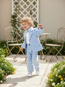 BOARNSEORL 三件套男童绅士套装：白色衬衫配领结、西装外套和西裤，时尚百搭，适合生日派对、周岁生日、婚礼、宴会等场合。 - 淺藍色 - 查看 2