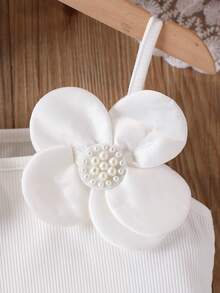 Vit ribbad, åtsittande linneklänning med 3D-motiv och pärldekor för flickor, avslappnad för vardagsbruk - Vitt - Visa 4