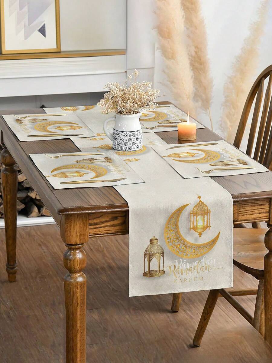 1/4/5/6/7 piezas Conjunto de decoración de medialuna, estrella, farol de Ramadán, textura de lino cómoda, decoraciones de Eid Al-Fitr, mantel de mesa de Ramadán, mantel de mesa Eid Mubarak - Multicolor - Ver 1