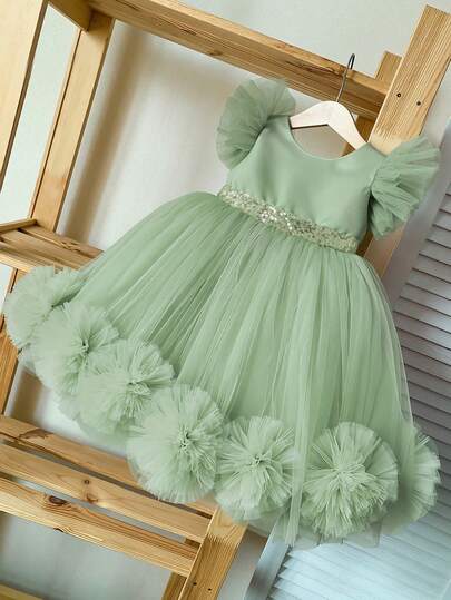 Vestido de fiesta de princesa con manga corta, cuello redondo y malla con flores 3D para niñas, vestido elegante para ocasiones especiales como el primer cumpleaños del bebé, bodas, fiestas y celebraciones