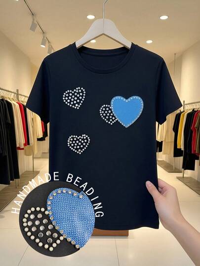 Women's Short Sleeve T-Shirt, Solid Color Polyester Pearl Embellished Tee, Suitable For Dates And Everyday Wear, Spring/Summer