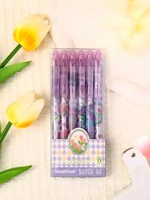 6pcs/Set Purple Tulip Erasable Gel Pens With Cute Erasers, Essential Stationery For Students, Girls, Office And School, Back To School Supplies - Purple - View 2