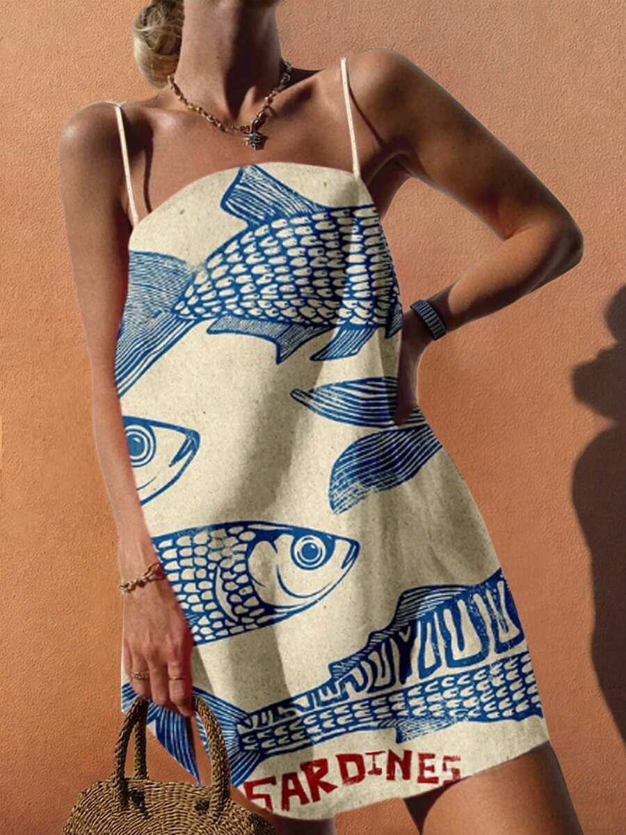 Starfish Bohemian Style Spring/Summer Beach Dress, Sardine & Letter Print Sleeveless A-Line Mini Dress, Women Brunch Set