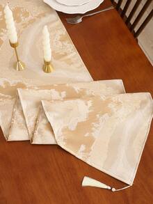 1 chiếc khăn trải bàn trang trí màu vàng, chất liệu giả lụa dệt jacquard, trang trí bàn ăn/phòng khách, có tua rua, họa tiết trừu tượng cổ điển kiểu nhà nông thôn. - Màu be - Xem 4