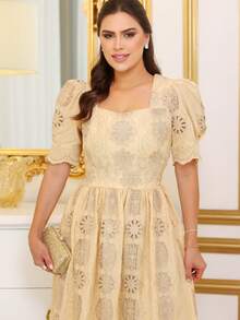 Vestido midi feminino social elegante moda evangélica bordado festa casamento madrinha - Amarelo (estampado) - Visão 1