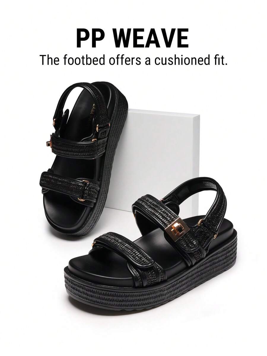 Women's Arch Support 1.61-Inch Platform Wedge Sandals Comfortable Open Toe Casual Dressy With Adjustable Straps PP Straw Shoe Upper For Beach Vocation Flat Summer Black Sandals - 黑色 - 查看 1
