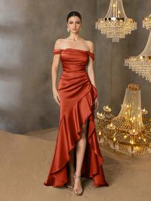 Elisanya 女士优雅露肩正式晚礼服，饰有垂褶荷叶边和高开衩，修身缎面长裙，适合正式晚宴、黑领结派对、婚礼、舞会和奢华晚宴。 - 橘色 - 查看 6