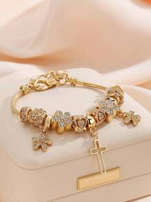 1pc Fashionable Heart, Cross, Floral Beaded Bracelet With Golden Tone Charm Pendant For Women - Yellow Gold - View 11