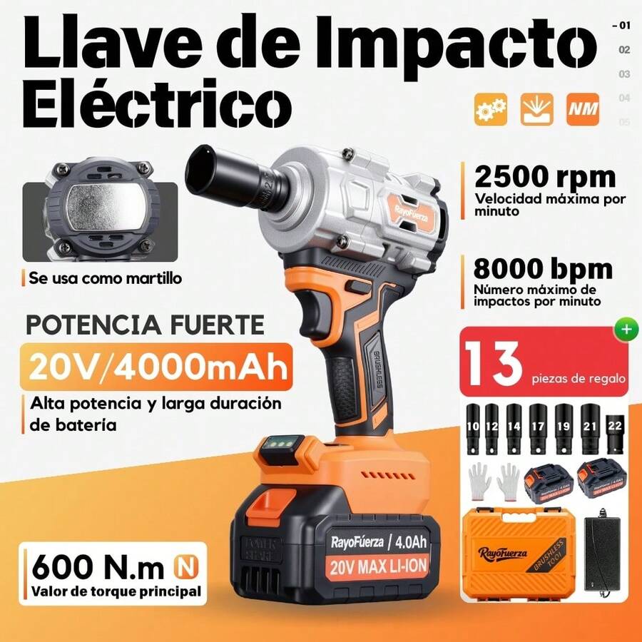 Llave De Impacto 2 Batería 1/2" Inalámbrica Eléctrica 600n.m,Incluye Juego Completo De Accesorios,Motor brushless - Naranja - Ver 1