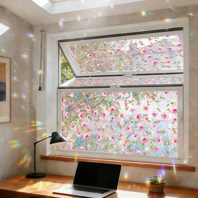 1 pieza Vinilo adhesivo de flores rosadas para ventana, película de vinilo para privacidad de ventana, para cocina, baño y decoración del hogar