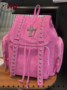 Y2K Streetwear Studded Flap Backpack For Women; Multifunctional Fashion Drawstring Shoulder Bag; Multi-Pocket Lightweight Travel Bag; Large Capacity Minimalist Student Backpack; Portable Backpack Suitable For Students, Nurses, Teachers, Business Professionals, Travel, Commuting, Shopping, Office, Dating, Hiking, Training, Work, Birthday Gift, Holiday Gift - Multicolor - View 14