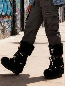 Faux Fur Boots For Women Winter Snow Boots Platform Lace Up Round Toe Boots Warm Snow Shoes Fluffy Winter Boots - 黑色2 - 查看 7