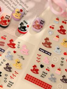 1 pieza Lindo carrusel giratorio, lazo, año del caballo, corazón, estrella, cereza gelatina 5D pegatinas de uñas de dibujos animados, decoraciones de arte de uñas de celebración, autoadhesivas, adecuadas para uñas de niños y niñas, suministros para uñas - Multicolor - Ver 5