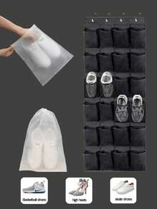 1pc Over-The-Door Shoe Rack With 14/24/35 Large Mesh Pockets, Suitable For Closet, Entryway, Bedroom, Bathroom, Storage Room, Can Hold Men's Sneakers, Women's High Heels, Flip Flops, Made Of Durable Oxford Cloth, High Capacity, Space-Saving, Mesh Backing, Ideal Gift - Black - View 8