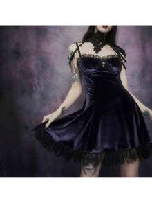 Womens Gothic Lolita Dress Velvet Camisole Dresses Sleeveless Spaghetti Strap Punk Grunge Emo Dress Goth Alt Witchy Fairy Dress Ruffle V-Neck Lace Trim Bowknot One-Piece Halloween Costumes - 紫羅蘭色 - 查看 2