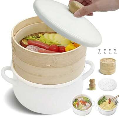 DQ CORAL IH対応＆ガス火対応 ホーロー 両手鍋 22cm ホワイト + 1段 せいろ 21cm セット 琺瑯蓋付 揚げ物 天ぷら 鍋 琺瑯 焦げ付きにくい 鍋料理 すき焼き鍋 煮物 おでん 蒸し器 中華せいろ 職人手作り 健康調理