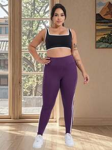 大码女式高腰显瘦瑜伽裤，白色侧条纹装饰，带口袋，休闲运动跑步紧身裤，春季款 - Bold Plum - 查看 7