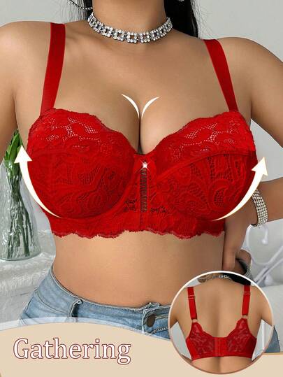 1pc Plus Size Women Lace Patchwork Wireless Bra, Comfortable & Minimalist Design, Knitted Fabric