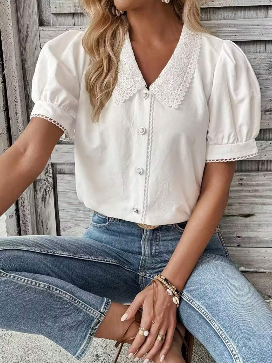 Solid Color Front Button Lace Patchwork Embroidery Contrast Color Short Puff Sleeve Blouse White Summer - White - View 1