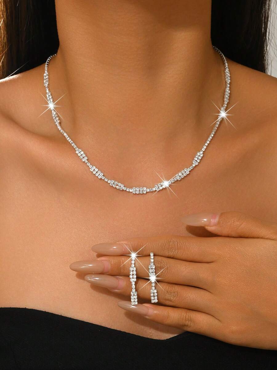 Bộ trang sức gồm dây chuyền và bông tai hình chữ nhật đính pha lê lấp lánh, chất liệu đồng, thích hợp làm quà tặng đám cưới, tiệc tùng, ngày Valentine. - Bạc - Xem 1