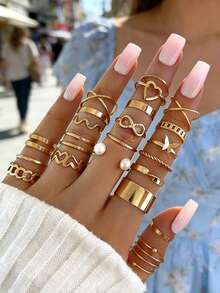 22PCS Women's Adjustable Ring Set - Stackable Gold Pearl/Heart/Infinity/Star Multi-Style Fashion Finger Jewelry For Daily & Party Outfits - Pearl Butterfly 22 Pieces - View 7