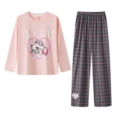  2pcs Disney Marie Cat Pink Long Sleeve Sleepwear Set, Cotton Cartoon Pajamas For Women, Spring/Autumn