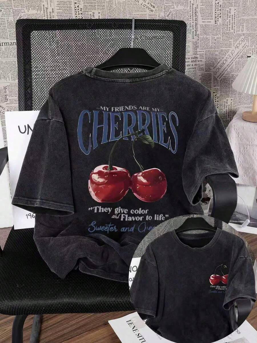 Women's Summer Cherry Print Washed Solid Color Casual Simple Everyday Loose Round Neck Short Sleeve T-Shirt Top, Women's Summer Washed Cotton Top Summer Women's Clothing - Black - View 1