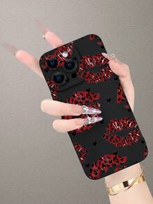 Fashionable Popular Personalized Red Leopard Print Lip & Heart Pattern Design Theme Luxury Shockproof Aesthetic Cute Phone Case,Lens Protrusion Protection , Compatible With For IPhone 17/17Pro/17Pro Max, 16,15,14, 13, 12, 11 Plus/Pro Max And Series,And Compatible With For Galaxy S/A Series, Gift For Easter Day, Christmas Halloween Decoration/Gift For Birthday, Girlfriend, Boyfriend, Friend Or Yourself. - 黑色 - 查看 4
