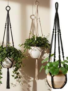 现代波西米亚风壁挂式植物架，手工编织植物吊篮，室内悬挂式花盆篮，饰有装饰珠子，波西米亚棉绳花盆架，适用于户外花园家居装饰，多种尺寸花盆可选，简约公寓必备花园装饰