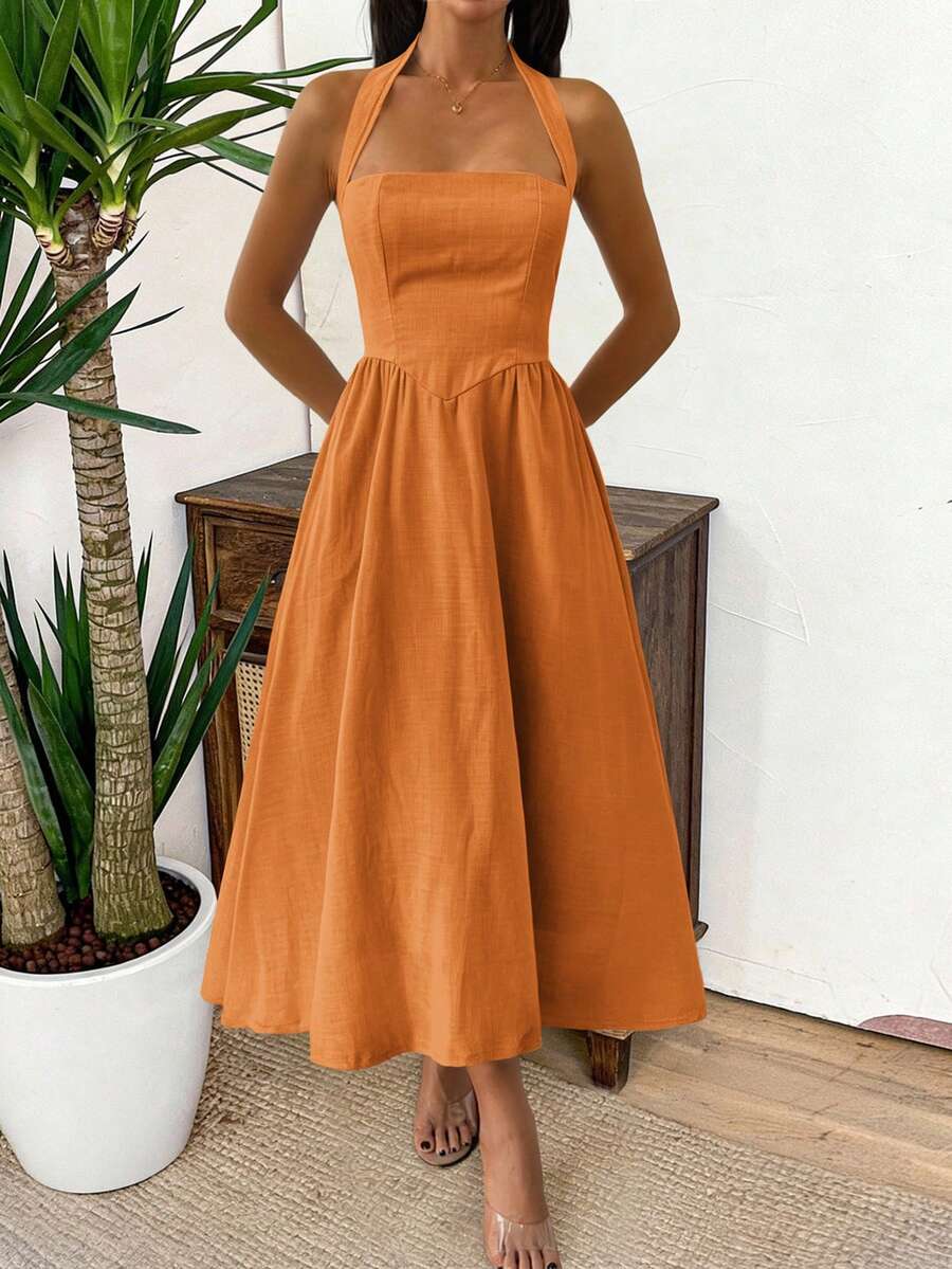 Women's Spring/Summer Sleeveless Zipper Pleated Dress, Casual Elegant Style, Suitable For Beach, Vacation, Date, Music Festival, Valentine's Day, Birthday Party And Other Occasions - Orange - View 1