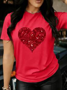 Women's Summer Heart Print Casual Simple Everyday Loose Round Neck Short Sleeve T-Shirt Top - Red - View 5